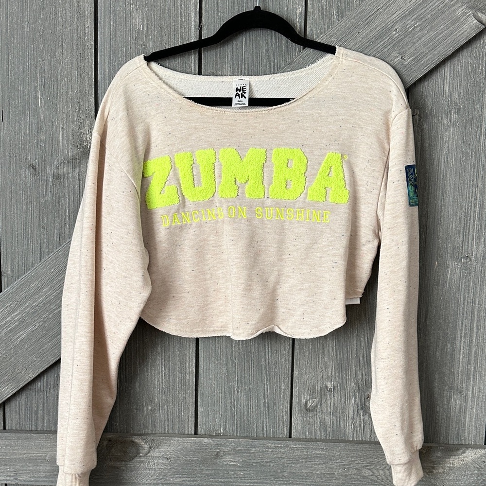 Zumba Fitness Neon Yellow Chenille Logo Cropped Sweatshirt on Cream